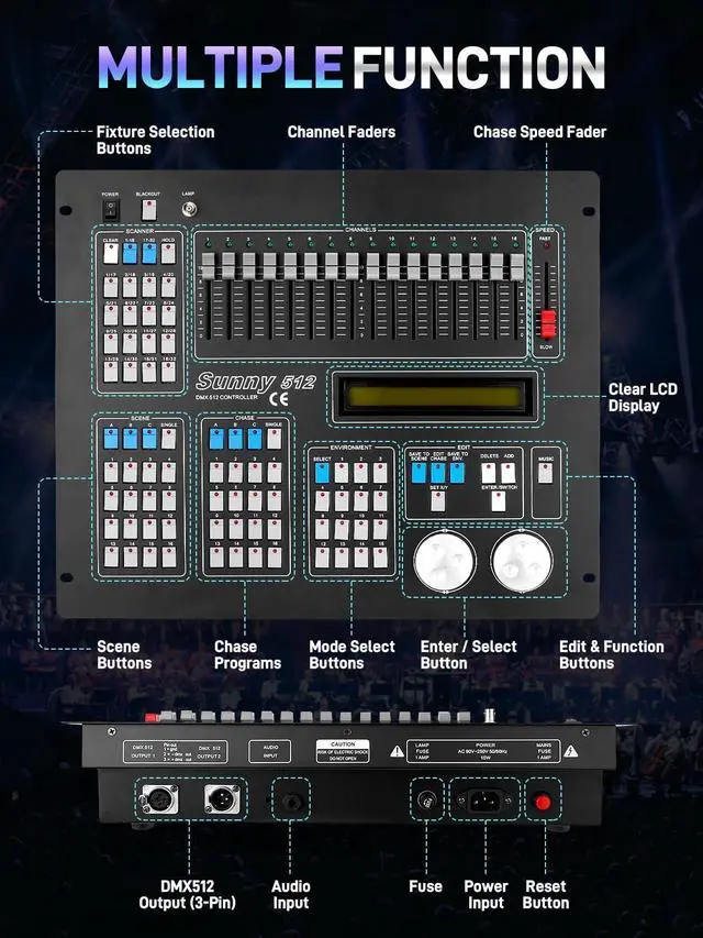 Alt view image 6 of 7 - DMX512 Controller, 512 Channel DMX DJ Light Controller with LCD Display | DMX DJ Stage Lighting Console Board Ideal for Show, Party, KTV, Bar