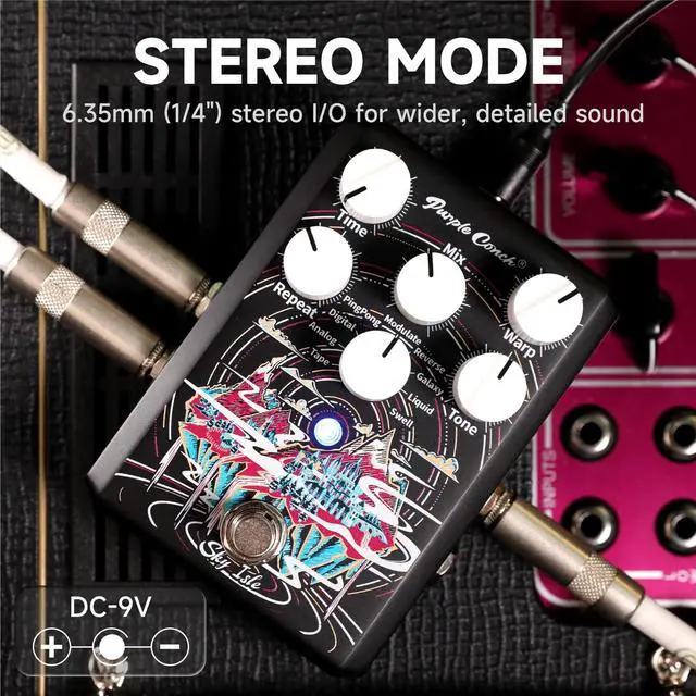 Alt view image 3 of 7 - Sky Isle Stereo I/O Delay Pedal for Electric Guitar 9 Studio-Grade Delay Modes Guitar Effects Pedal with Tap Tempo, 201200ms Ambient & Analog Delay, True/Buffered Bypass with Trails