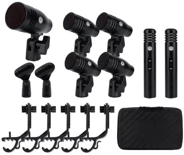 Main image of 7 Piece Wired Dynamic Drum Mic Kit (Whole Metal)- Kick Bass, Tom/Snare & Cymbals Microphone Use for Drums, Vocal, Other Instrument Complete with Thread Clip, Mics Holder