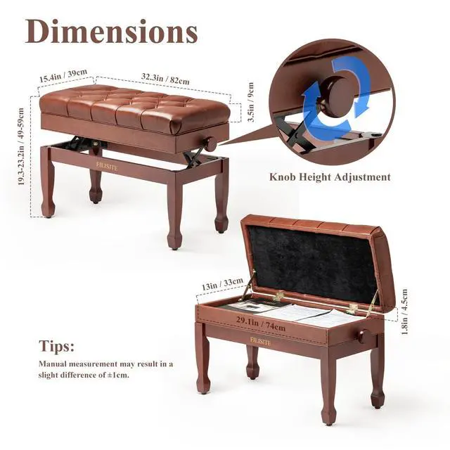 Alt view image 3 of 7 - Genuine Leather Duet Piano Bench with Storage,Adjustable Heavy Duty Wooden Double Keyboard Seat XHJ-11G(Brown)