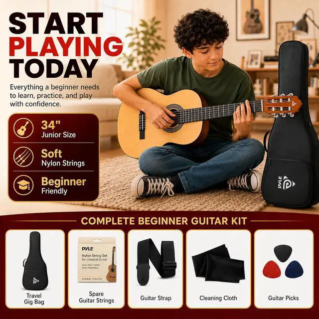 Alt view image 2 of 6 - Beginner Acoustic Guitar Kit, 1/2 Junior Size All Wood Instrument with Full Accessory Kit, Picks, Shoulder Strap, Carry Case, Cleaning Cloth, Tuner App, 2 Month Lessons, 34