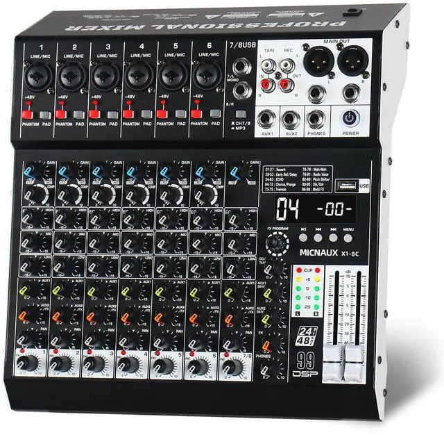 Main image of Audio Mixer 8 Channel Professional Sound Mixer Console with 99 DSP Effects, Mixing Board DJ Mixer w/USB, Bluetooth, 48V Power Supply, PAD Button for Recording Karaoke PA Drum Live Music