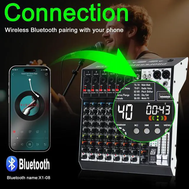 Alt view image 4 of 7 - Audio Mixer 8 Channel Professional Sound Mixer Console with 99 DSP Effects, Mixing Board DJ Mixer w/USB, Bluetooth, 48V Power Supply, PAD Button for Recording Karaoke PA Drum Live Music