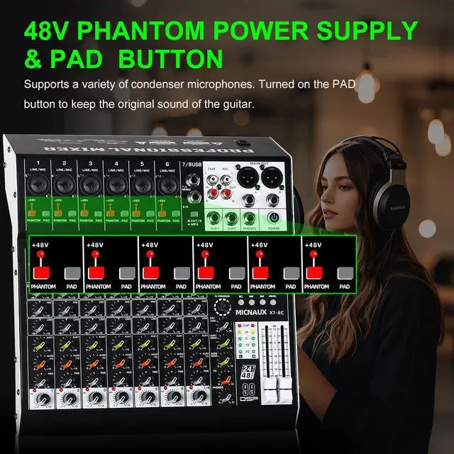 Alt view image 5 of 7 - Audio Mixer 8 Channel Professional Sound Mixer Console with 99 DSP Effects, Mixing Board DJ Mixer w/USB, Bluetooth, 48V Power Supply, PAD Button for Recording Karaoke PA Drum Live Music