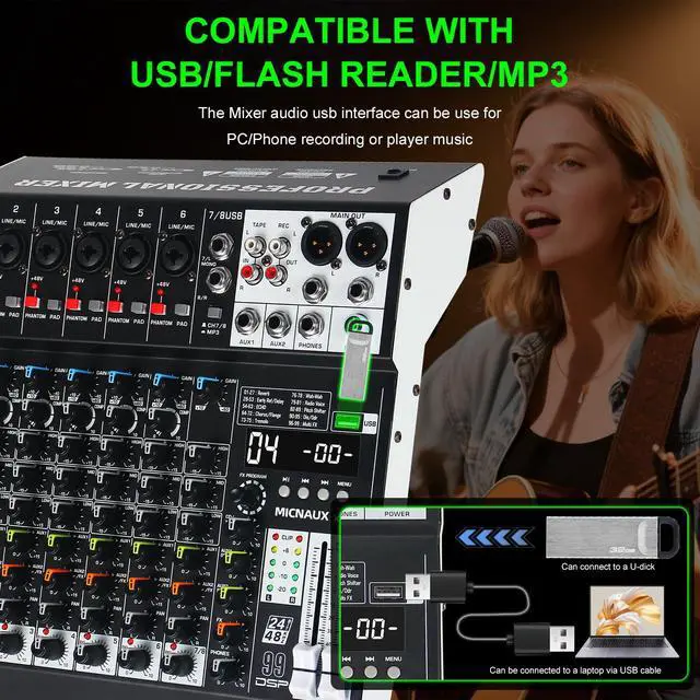 Alt view image 3 of 7 - Audio Mixer 8 Channel Professional Sound Mixer Console with 99 DSP Effects, Mixing Board DJ Mixer w/USB, Bluetooth, 48V Power Supply, PAD Button for Recording Karaoke PA Drum Live Music