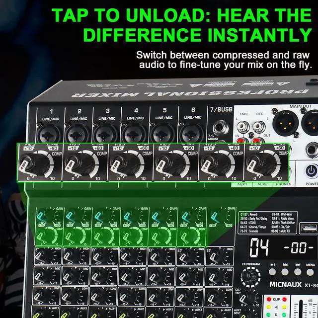 Alt view image 6 of 7 - Audio Mixer 8 Channel Professional Sound Mixer Console with 99 DSP Effects, Mixing Board DJ Mixer w/USB, Bluetooth, 48V Power Supply, PAD Button for Recording Karaoke PA Drum Live Music