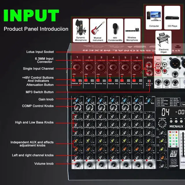 Alt view image 7 of 7 - Audio Mixer 8 Channel Professional Sound Mixer Console with 99 DSP Effects, Mixing Board DJ Mixer w/USB, Bluetooth, 48V Power Supply, PAD Button for Recording Karaoke PA Drum Live Music