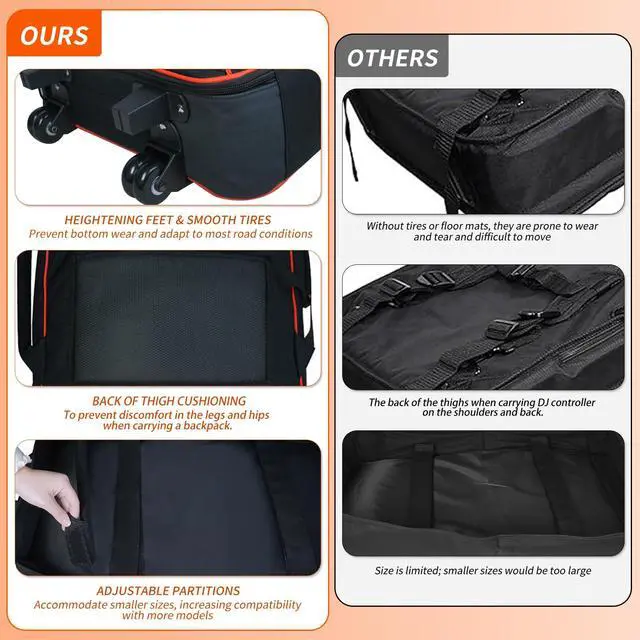 Alt view image 3 of 7 - DJ Controller Case with Wheels for DDJ FLX10 / 1000 / XDJ-RR / RX / FLX4 / GRV6 / REV1 / REV5 / REV7,Rolling DJ Controller Bag Soft Padded Backpack with 2 Accessory Pocket,15.6" Laptops Compartment