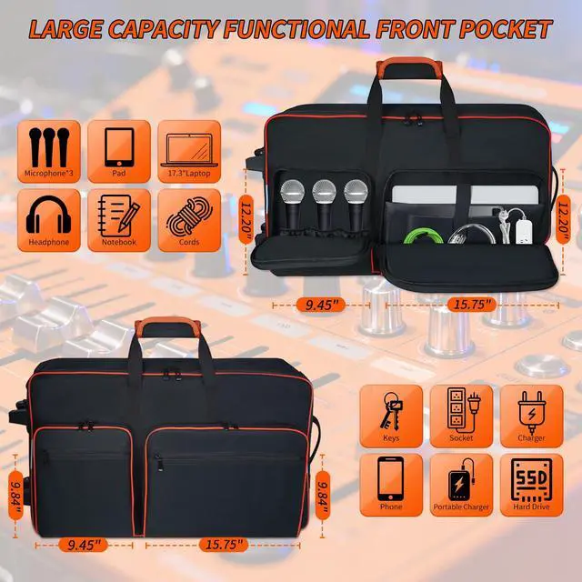 Alt view image 5 of 7 - DJ Controller Case with Wheels for DDJ FLX10 / 1000 / XDJ-RR / RX / FLX4 / GRV6 / REV1 / REV5 / REV7,Rolling DJ Controller Bag Soft Padded Backpack with 2 Accessory Pocket,15.6" Laptops Compartment