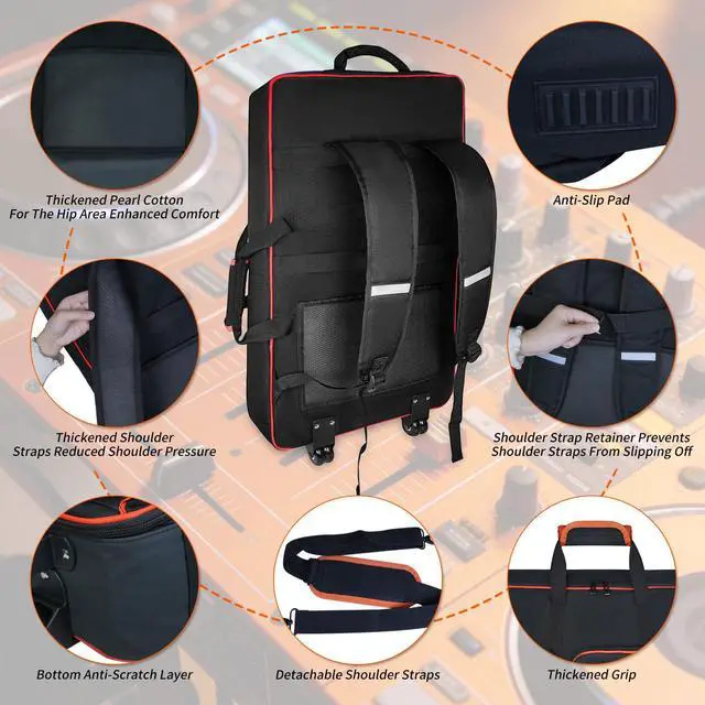 Alt view image 6 of 7 - DJ Controller Case with Wheels for DDJ FLX10 / 1000 / XDJ-RR / RX / FLX4 / GRV6 / REV1 / REV5 / REV7,Rolling DJ Controller Bag Soft Padded Backpack with 2 Accessory Pocket,15.6" Laptops Compartment