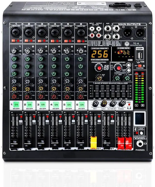 Main image of 6 Channel Audio Mixer with Bluetooth, USB MP3 Player, 48V Phantom Power for Studio Recording, Live Performance, Karaoke, Podcast