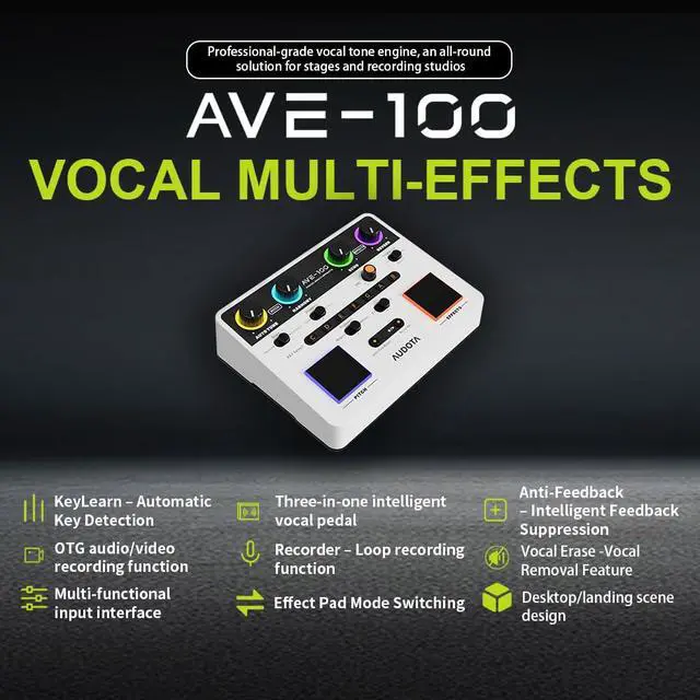 Alt view image 2 of 7 - AVE-100 Multi-Effect Vocal Processor - Triple Intelligent Loop Cancellation, OTG Audio Interface for Singers, Podcasters, Live Streaming & Home Studio