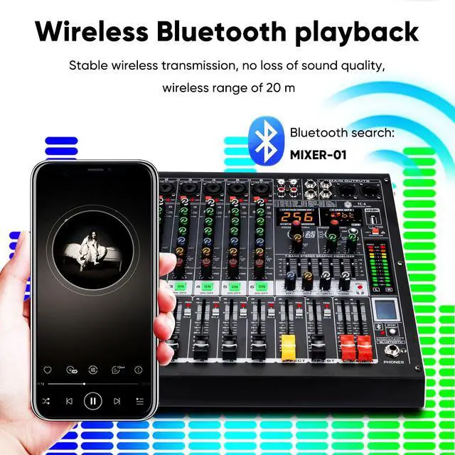 Alt view image 4 of 7 - 6 Channel Audio Mixer with Bluetooth, USB MP3 Player, 48V Phantom Power for Studio Recording, Live Performance, Karaoke, Podcast
