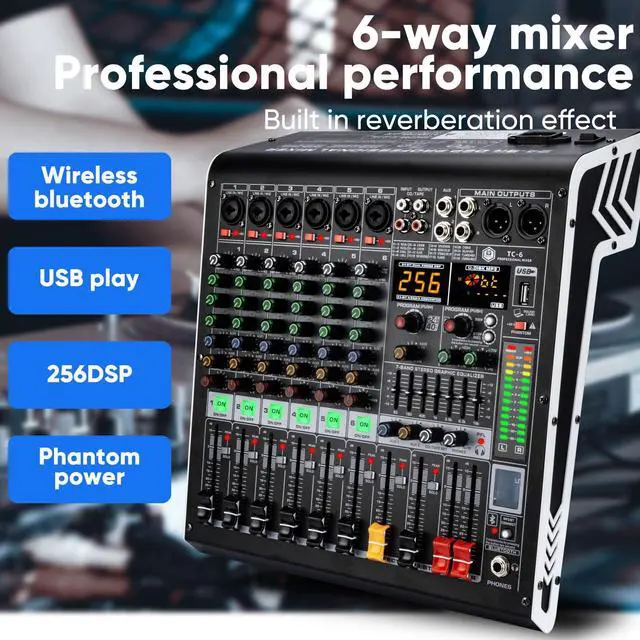 Alt view image 6 of 7 - 6 Channel Audio Mixer with Bluetooth, USB MP3 Player, 48V Phantom Power for Studio Recording, Live Performance, Karaoke, Podcast