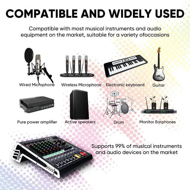 Alt view image 7 of 7 - 6 Channel Audio Mixer with Bluetooth, USB MP3 Player, 48V Phantom Power for Studio Recording, Live Performance, Karaoke, Podcast