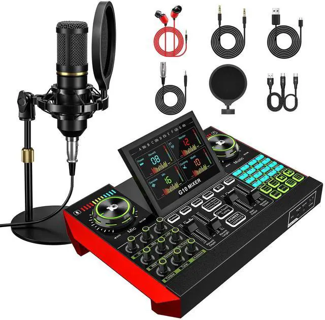Main image of podcast equipment bundle, live sound card, streaming audio mixer, Podcast microphone bundle for PC/mobile live streaming, singing, gaming, soundboard with voice changer and noise reduction function