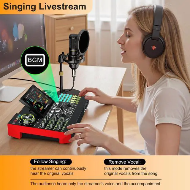 Alt view image 3 of 7 - podcast equipment bundle, live sound card, streaming audio mixer, Podcast microphone bundle for PC/mobile live streaming, singing, gaming, soundboard with voice changer and noise reduction function