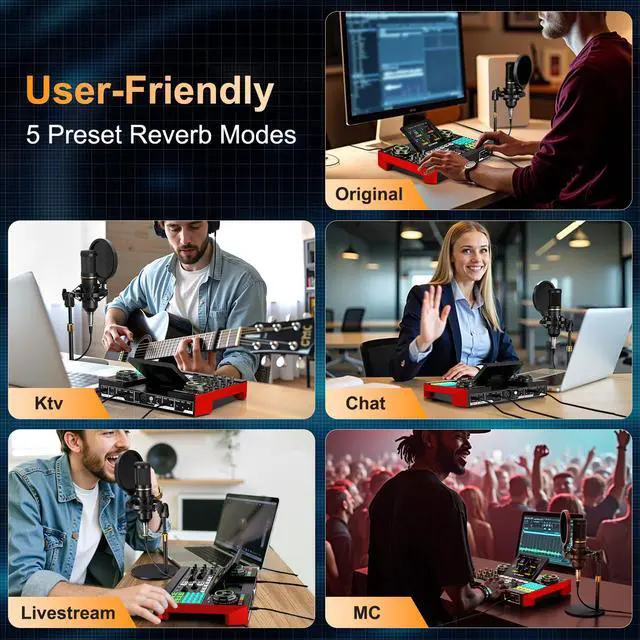 Alt view image 4 of 7 - podcast equipment bundle, live sound card, streaming audio mixer, Podcast microphone bundle for PC/mobile live streaming, singing, gaming, soundboard with voice changer and noise reduction function