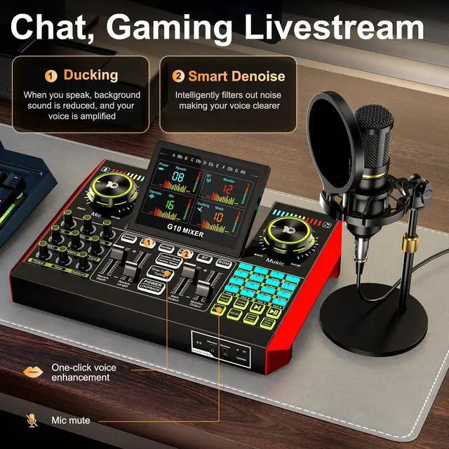 Alt view image 7 of 7 - podcast equipment bundle, live sound card, streaming audio mixer, Podcast microphone bundle for PC/mobile live streaming, singing, gaming, soundboard with voice changer and noise reduction function
