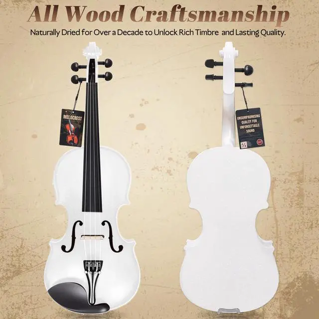 Alt view image 2 of 7 - 4/4 Solid Wood Violin Colorful Finish, Ebony Fittings, Student Full-Size Violin Starter Kit with Tuner, Shoulder Rest & Extra Strings (White)