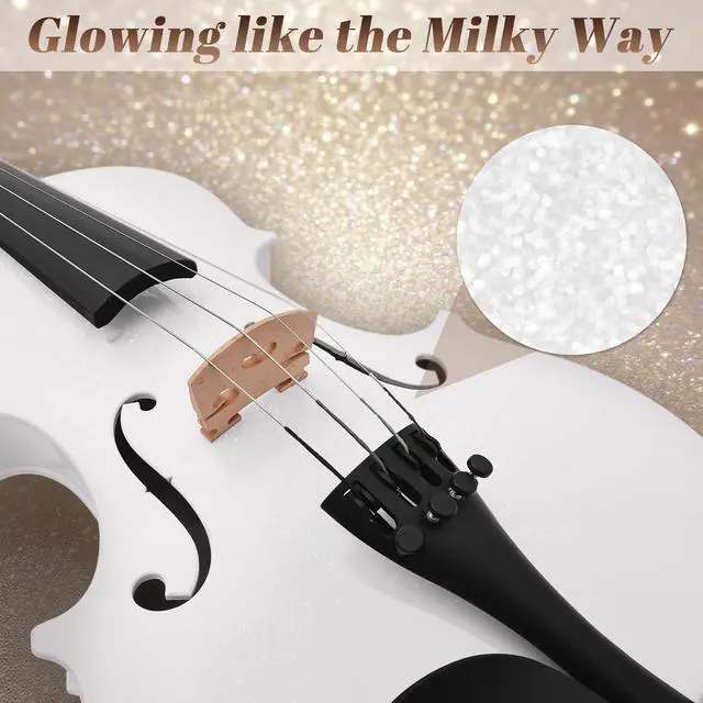 Alt view image 3 of 7 - 4/4 Solid Wood Violin Colorful Finish, Ebony Fittings, Student Full-Size Violin Starter Kit with Tuner, Shoulder Rest & Extra Strings (White)