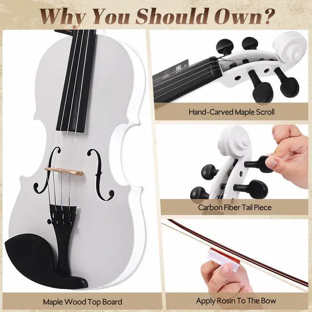 Alt view image 4 of 7 - 4/4 Solid Wood Violin Colorful Finish, Ebony Fittings, Student Full-Size Violin Starter Kit with Tuner, Shoulder Rest & Extra Strings (White)