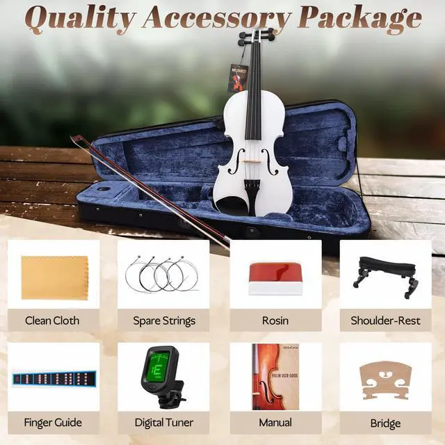 Alt view image 5 of 7 - 4/4 Solid Wood Violin Colorful Finish, Ebony Fittings, Student Full-Size Violin Starter Kit with Tuner, Shoulder Rest & Extra Strings (White)