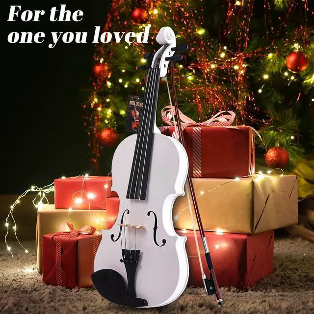 Alt view image 7 of 7 - 4/4 Solid Wood Violin Colorful Finish, Ebony Fittings, Student Full-Size Violin Starter Kit with Tuner, Shoulder Rest & Extra Strings (White)