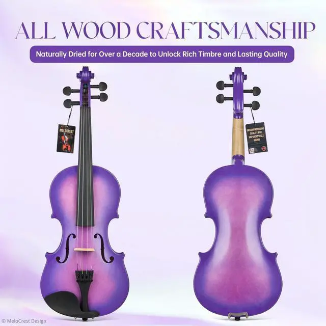 Alt view image 2 of 6 - Prism Series 4/4 Solid Wood Violin Colorful Finish, Ebony Fittings, Student Full-Size Violin Starter Kit with Tuner, Shoulder Rest & Extra Strings Great Gift for Beginners (Purple)