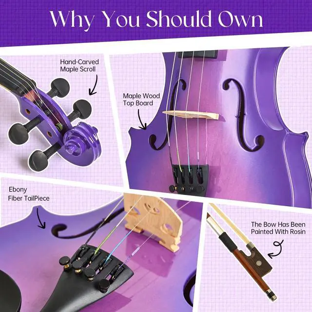 Alt view image 4 of 6 - Prism Series 4/4 Solid Wood Violin Colorful Finish, Ebony Fittings, Student Full-Size Violin Starter Kit with Tuner, Shoulder Rest & Extra Strings Great Gift for Beginners (Purple)