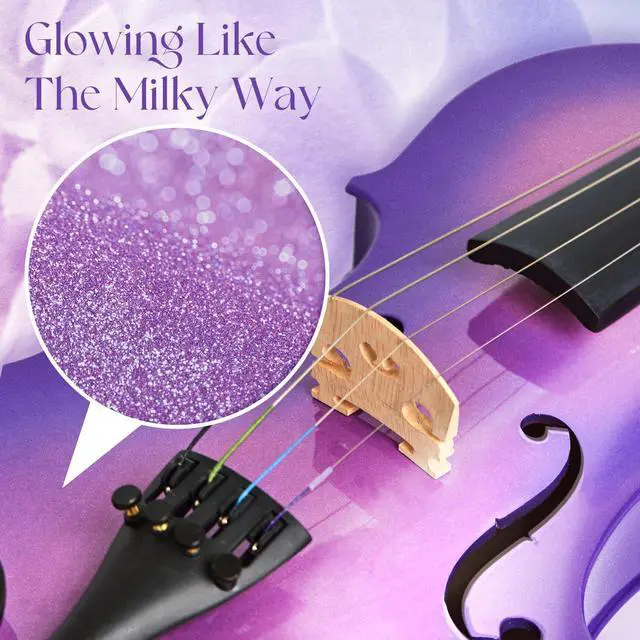 Alt view image 3 of 6 - Prism Series 4/4 Solid Wood Violin Colorful Finish, Ebony Fittings, Student Full-Size Violin Starter Kit with Tuner, Shoulder Rest & Extra Strings Great Gift for Beginners (Purple)