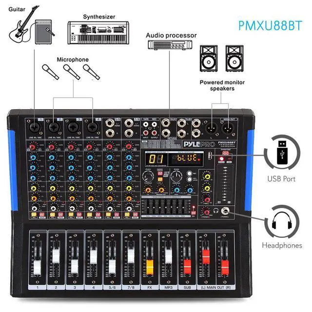 Alt view image 2 of 7 - 8-Channel Console Style Audio Mixer with Bluetooth - DJ Sound Controller, 4 XLR / Combo Inputs, Sub Out, +48V Phantom, USB-A In, 16 DSP Effects, MP3 Player, 7-Band EQ - PMXU88BT