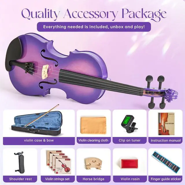Alt view image 5 of 6 - Prism Series 4/4 Solid Wood Violin Colorful Finish, Ebony Fittings, Student Full-Size Violin Starter Kit with Tuner, Shoulder Rest & Extra Strings Great Gift for Beginners (Purple)