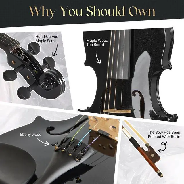 Alt view image 4 of 6 - Prism Series 4/4 Solid Wood Violin Colorful Finish, Ebony Fittings, Student Full-Size Violin Starter Kit with Tuner, Shoulder Rest & Extra Strings (Black)