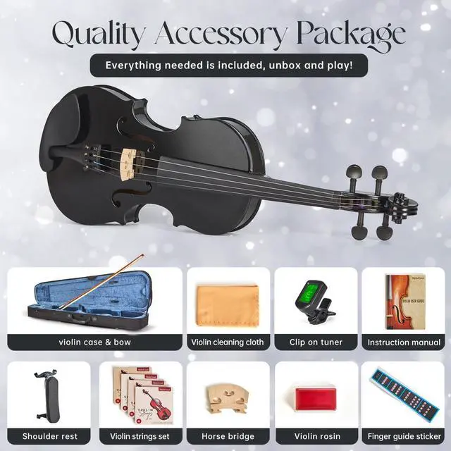 Alt view image 5 of 6 - Prism Series 4/4 Solid Wood Violin Colorful Finish, Ebony Fittings, Student Full-Size Violin Starter Kit with Tuner, Shoulder Rest & Extra Strings (Black)