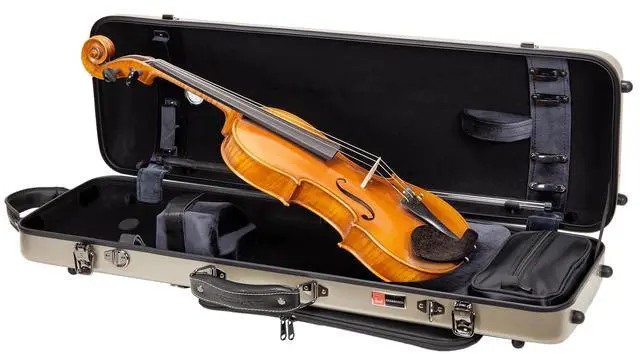 Main image of Poly Carbon Oblong Violin Case for 4/4 Full-Size | Matte Champagne Finish, Hygrometer, Music Pouch, Accessory Storage Lightweight Hard Shell