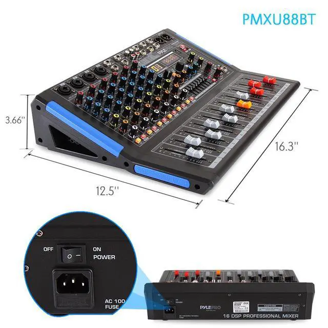 Alt view image 3 of 7 - 8-Channel Console Style Audio Mixer with Bluetooth - DJ Sound Controller, 4 XLR / Combo Inputs, Sub Out, +48V Phantom, USB-A In, 16 DSP Effects, MP3 Player, 7-Band EQ - PMXU88BT