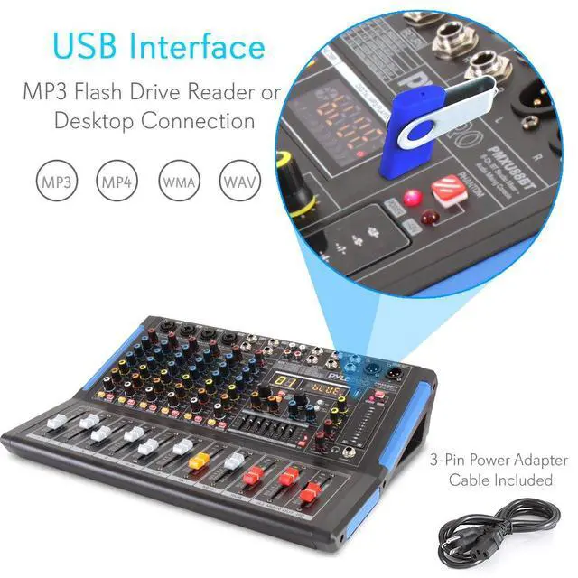Alt view image 4 of 7 - 8-Channel Console Style Audio Mixer with Bluetooth - DJ Sound Controller, 4 XLR / Combo Inputs, Sub Out, +48V Phantom, USB-A In, 16 DSP Effects, MP3 Player, 7-Band EQ - PMXU88BT
