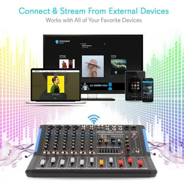 Alt view image 5 of 7 - 8-Channel Console Style Audio Mixer with Bluetooth - DJ Sound Controller, 4 XLR / Combo Inputs, Sub Out, +48V Phantom, USB-A In, 16 DSP Effects, MP3 Player, 7-Band EQ - PMXU88BT