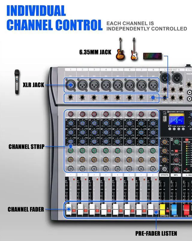 Alt view image 2 of 7 - 8 Channel mixer professional Audio Mixer, dj mixer with Individual Channel Control and USB Audio Recording & Editing via Computer, All-Metal mezcladora para dj (8 Channel)