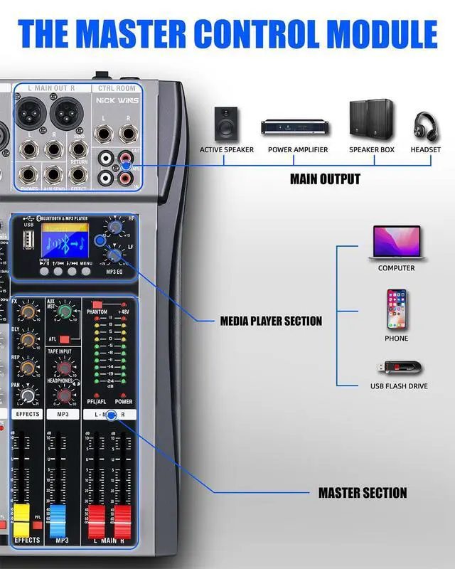 Alt view image 3 of 7 - 8 Channel mixer professional Audio Mixer, dj mixer with Individual Channel Control and USB Audio Recording & Editing via Computer, All-Metal mezcladora para dj (6 Channel)