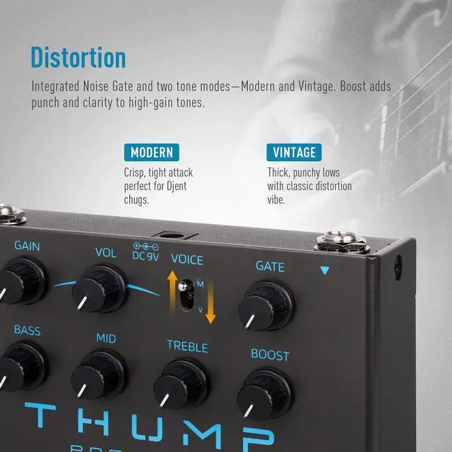 Alt view image 3 of 7 - High-Gain Distortion Pedal, Built-in Independent Boost & Noise Gate Guitar Bass Effects Pedal, 2 Legendary Tone Modes, Pure Analog Circuit, True Bypass - Thump