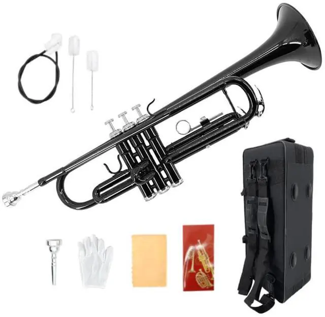 Main image of Bb Trumpet for Beginners Standard B Flat Brass Instrument with 7C Mouthpiece, Hard Case & Cleaning Kit, Student Trumpet for Band Practice, Lessons & Gift (Black)