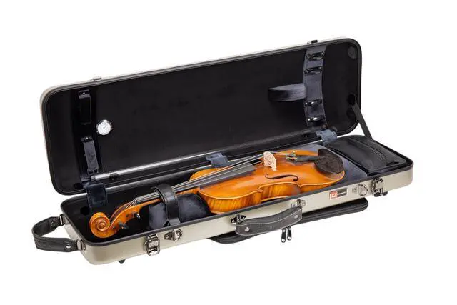 Alt view image 5 of 7 - Poly Carbon Oblong Violin Case for 4/4 Full-Size | Matte Champagne Finish, Hygrometer, Music Pouch, Accessory Storage Lightweight Hard Shell