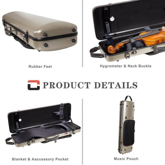 Alt view image 7 of 7 - Poly Carbon Oblong Violin Case for 4/4 Full-Size | Matte Champagne Finish, Hygrometer, Music Pouch, Accessory Storage Lightweight Hard Shell
