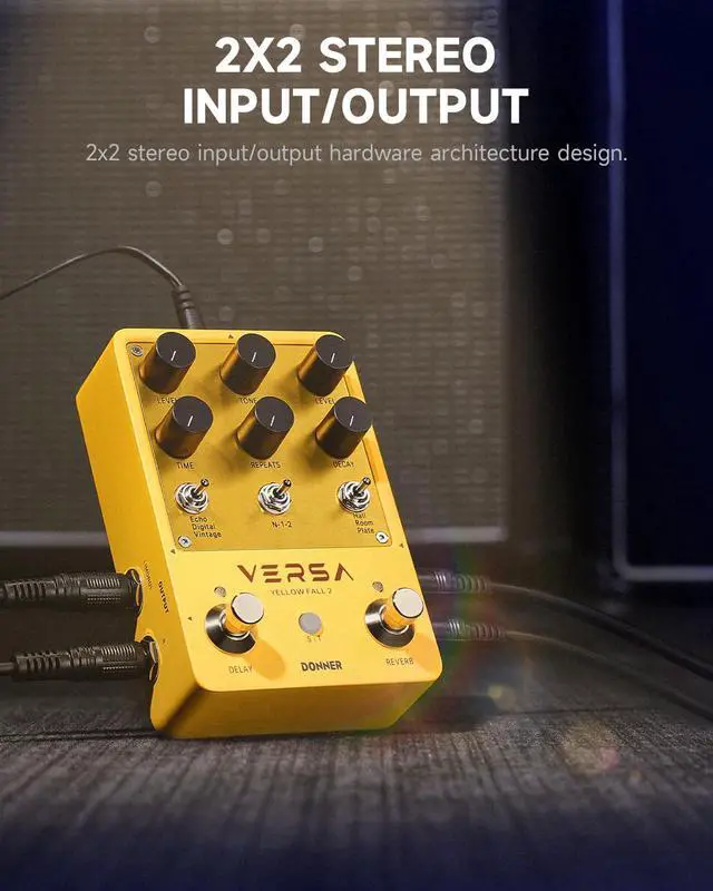 Alt view image 4 of 6 - Guitar Reverb & Delay Pedal - 2 in 1 with Tap Tempo, Preset Saving, Stereo in/out, Digital 3 x 3 Multi-Mode Effects Electric Guitar Pedal, True Bypass (Yellow Fall II)