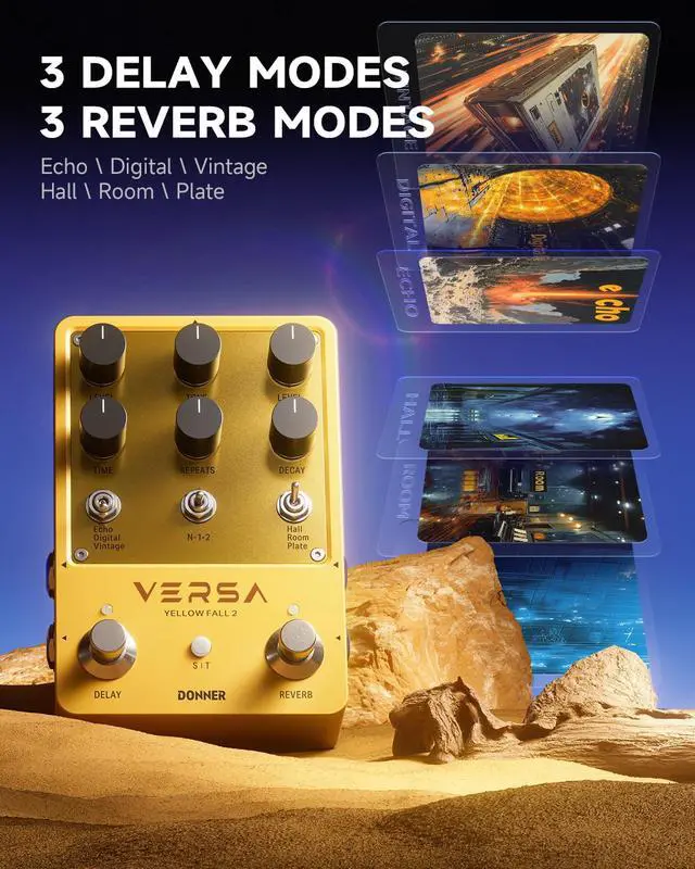 Alt view image 2 of 6 - Guitar Reverb & Delay Pedal - 2 in 1 with Tap Tempo, Preset Saving, Stereo in/out, Digital 3 x 3 Multi-Mode Effects Electric Guitar Pedal, True Bypass (Yellow Fall II)