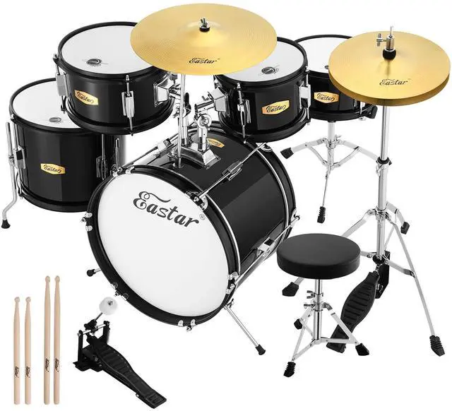 Main image of Drum Set 16 inch 5-Piece, Junior Drum Kit for Beginners Kids Teenagers with Adjustable Throne and Cymbal, Pedal & Drumsticks, Metallic Black (EDS-350MBK)