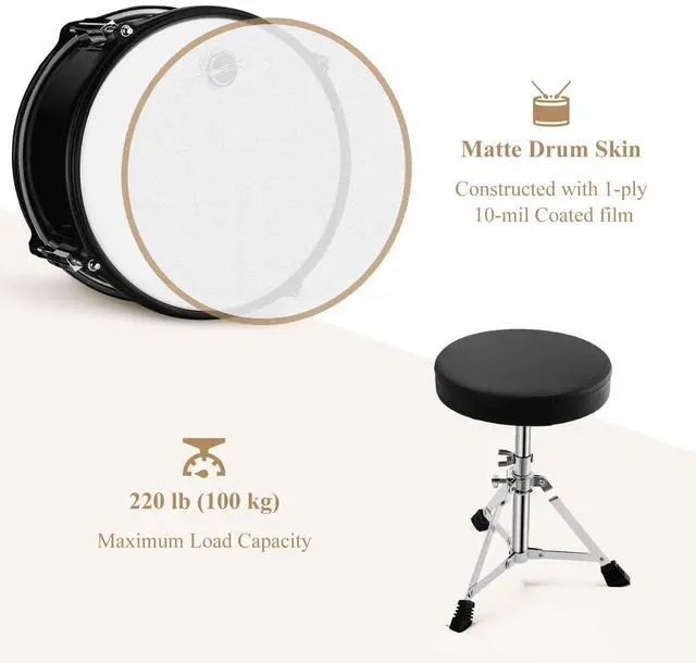 Alt view image 3 of 7 - Drum Set 16 inch 5-Piece, Junior Drum Kit for Beginners Kids Teenagers with Adjustable Throne and Cymbal, Pedal & Drumsticks, Metallic Black (EDS-350MBK)