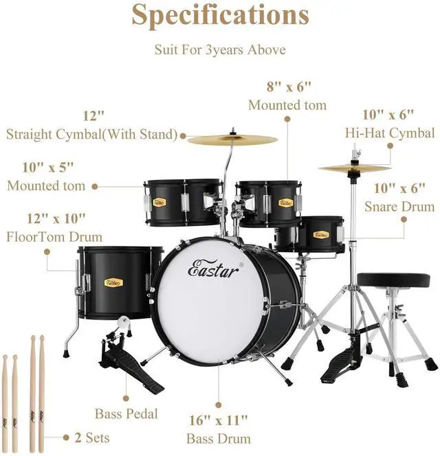 Alt view image 7 of 7 - Drum Set 16 inch 5-Piece, Junior Drum Kit for Beginners Kids Teenagers with Adjustable Throne and Cymbal, Pedal & Drumsticks, Metallic Black (EDS-350MBK)